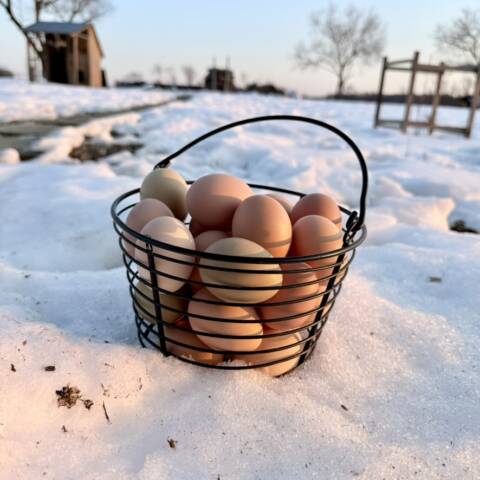 pasture raised eggs in basket on snow marlboro nj farm